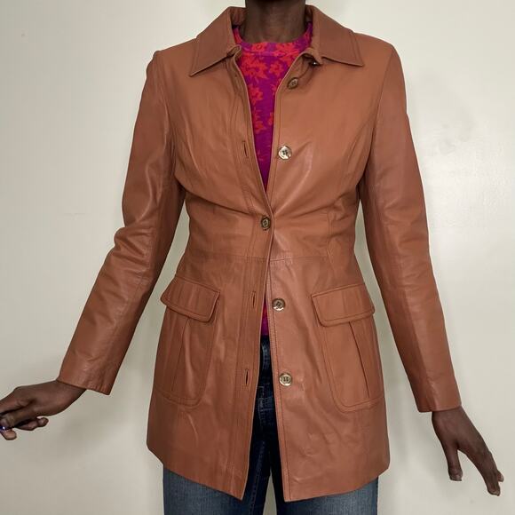 AGNONA Bergdorf Goodman Caramel Brown Leather Safari Jacket Italy Size 42